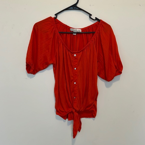 French Laundry Tops - French Laundry Burnt Orange Tie-Front Puff Sleeve Blouse/Top with Diamond Button